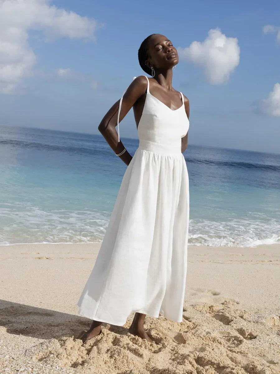 Damen A-Linien Sommerkleid mit V-Ausschnitt Trägern locker für Strand und Freizeit
