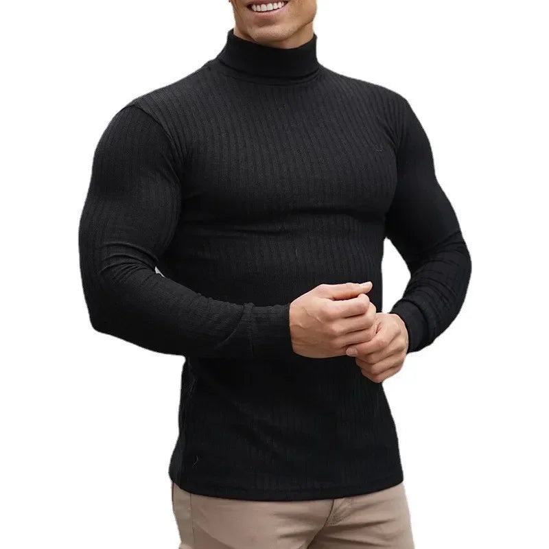 Herren Slim-Fit Rollkragenpullover Langarm Atmungsaktiv Schnelltrocknend Strickshirt für Fitness Bodybuilding