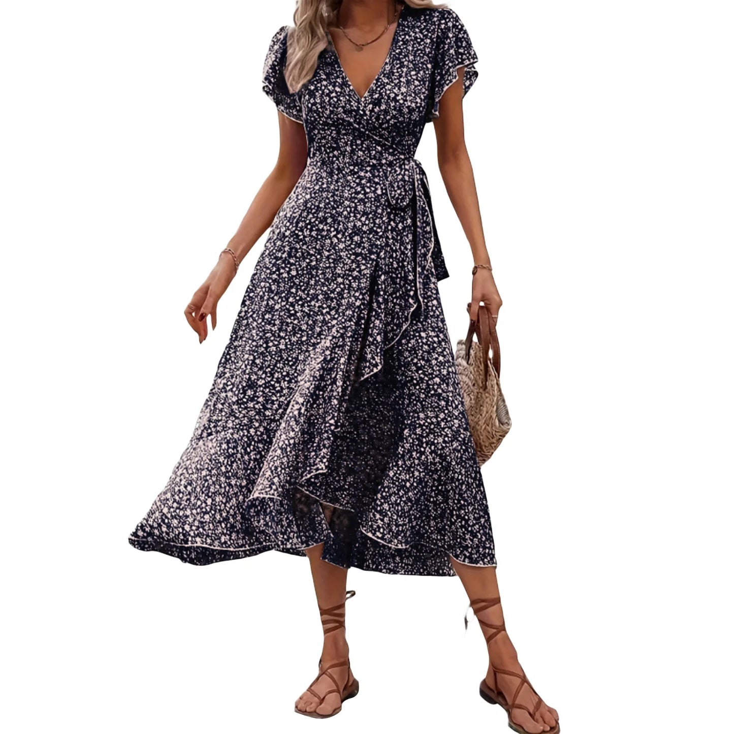 Damen Sommerkleid mit Blumenmuster Wickeloptik V-Ausschnitt kurzen Ärmeln Rüschen und seitlicher Bindung