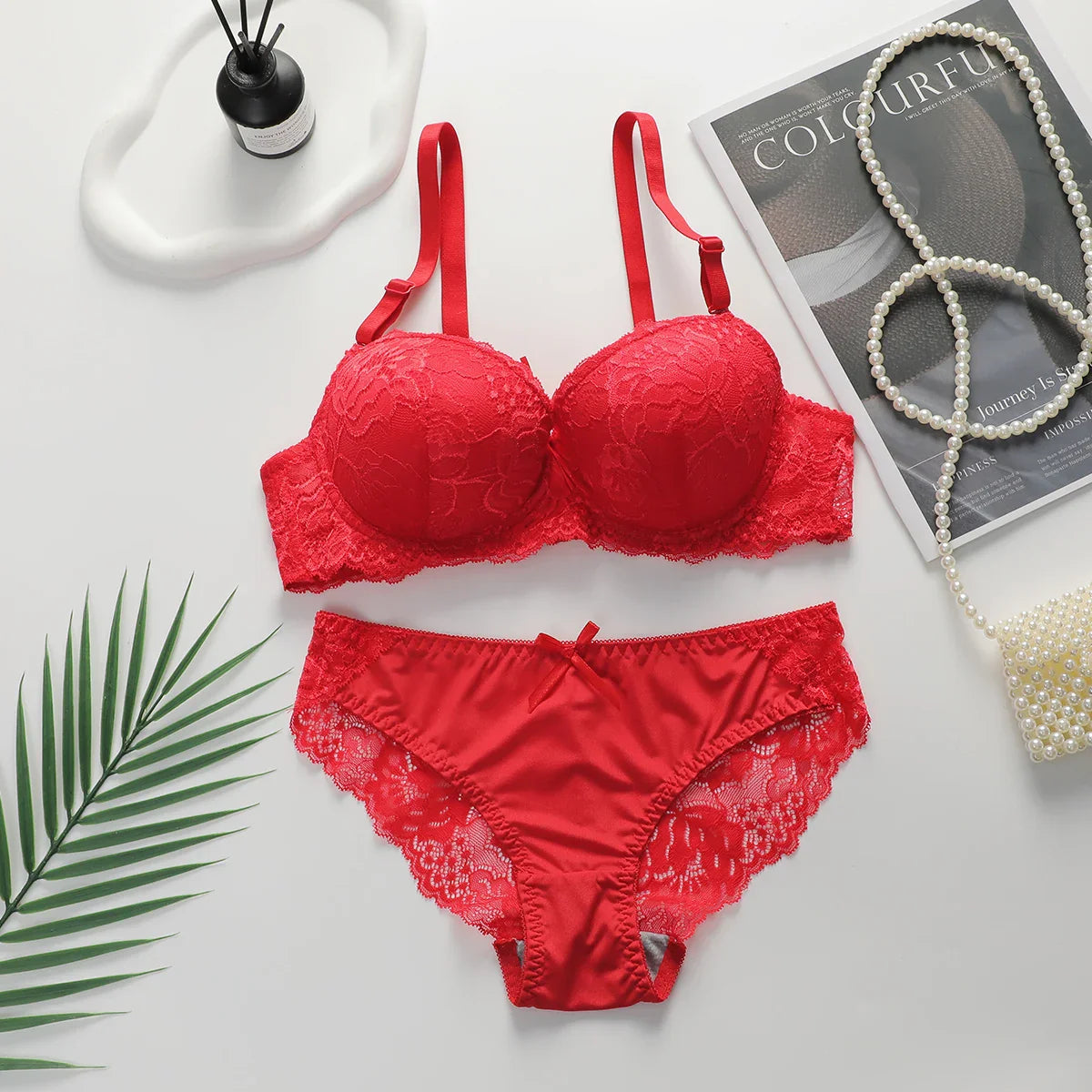 Damen Dessous Set Rot BH mit Slip Spitze Bügel geformte Cups verstellbare Träger