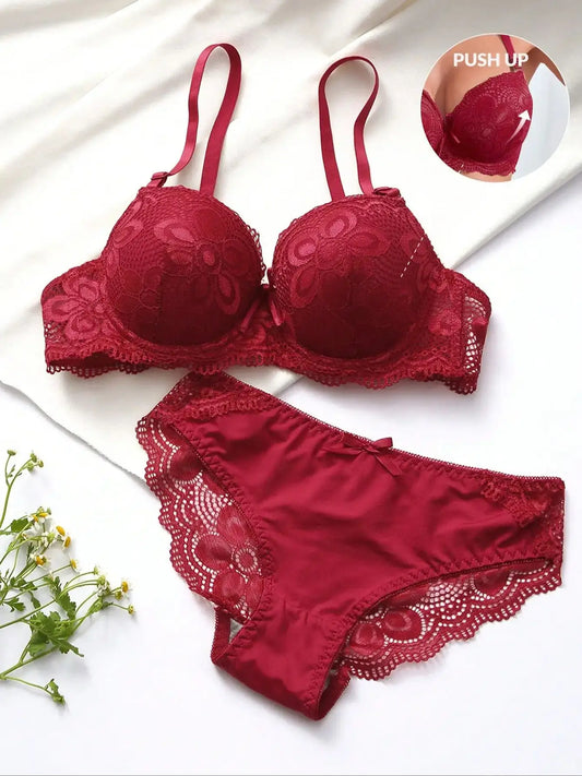 Damen Push-up Dessous Set Rot mit Spitze, Bügel-BH, vorgeformten Cups, verstellbaren Trägern