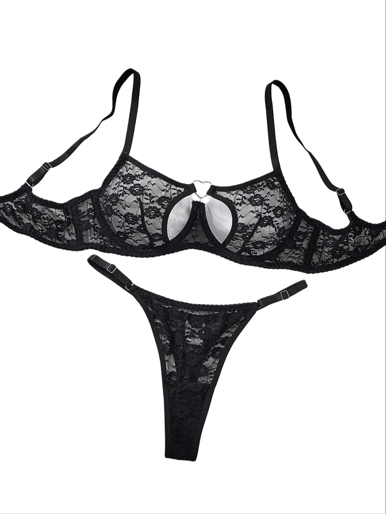 Damen Dessous Set Schwarz mit Spitzen-BH und String, transparent, Bügel-Design, verstellbare Träger