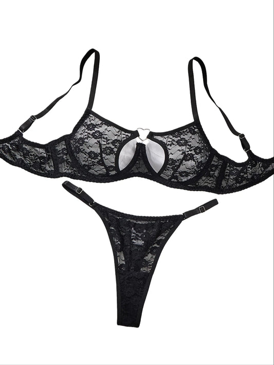 Damen Dessous Set Schwarz mit Spitzen-BH und String, transparent, Bügel-Design, verstellbare Träger