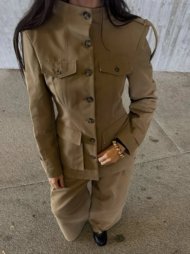 Damen Pilotenjacke Braun mit Reißverschluss Langarm Revers Loose Fit Street Style
