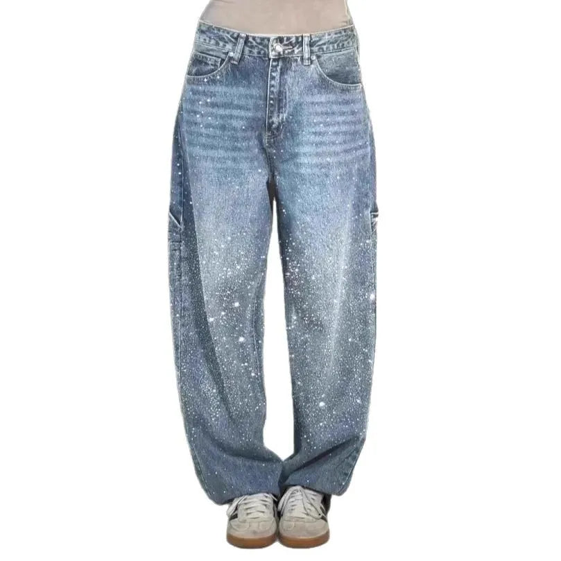 Damen Wide-Leg-Jeans High Waist mit Hot-Diamond-Sterne-Design Modische Casual Jeans für vier Jahreszeiten