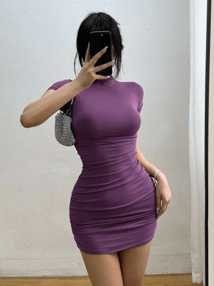 Damen Bodycon Minikleid mit halbhohem Kragen geraffter Taille figurbetont für Party und Abend