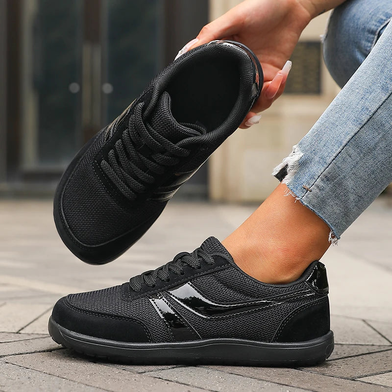 Damen Barfußschuhe Schwarz Breite Zehenbox Sneaker Flach Atmungsaktiv