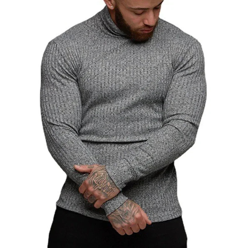 Herren Slim-Fit Rollkragenpullover Langarm Atmungsaktiv Schnelltrocknend Strickshirt für Fitness Bodybuilding