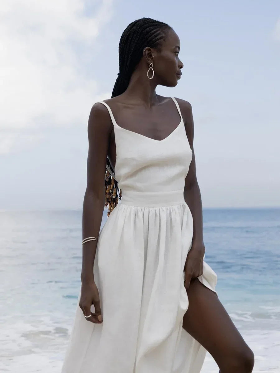 Damen A-Linien Sommerkleid mit V-Ausschnitt Trägern locker für Strand und Freizeit