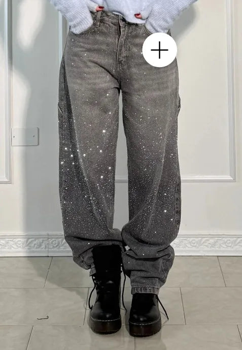 Damen Wide-Leg-Jeans High Waist mit Hot-Diamond-Sterne-Design Modische Casual Jeans für vier Jahreszeiten