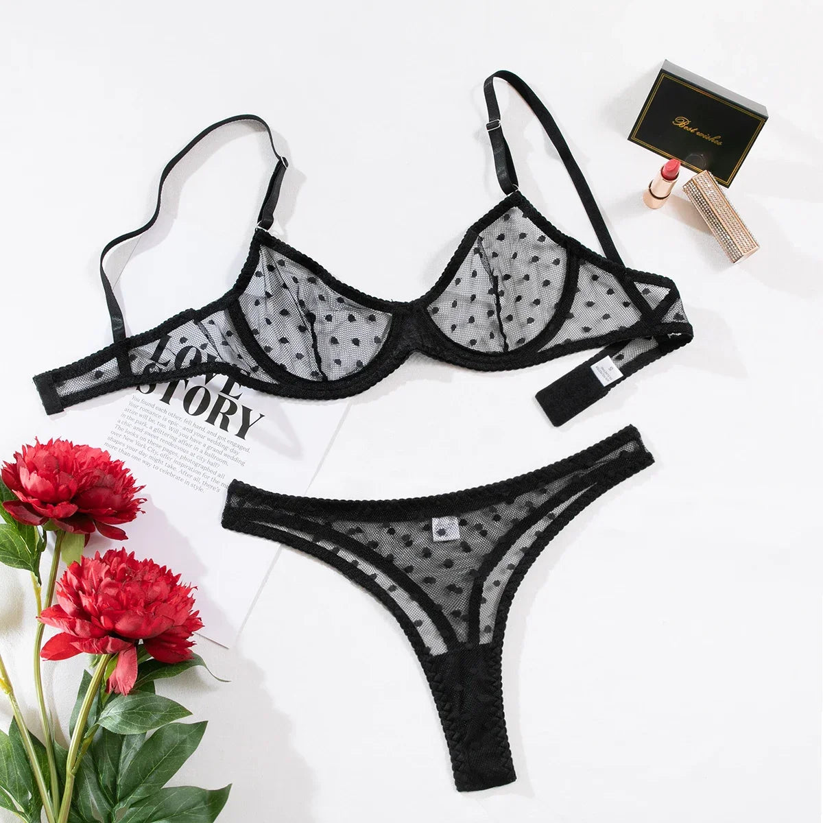 Damen Dessous Set Schwarz transparenter BH mit Slip Mesh gepunktet verstellbare Träger