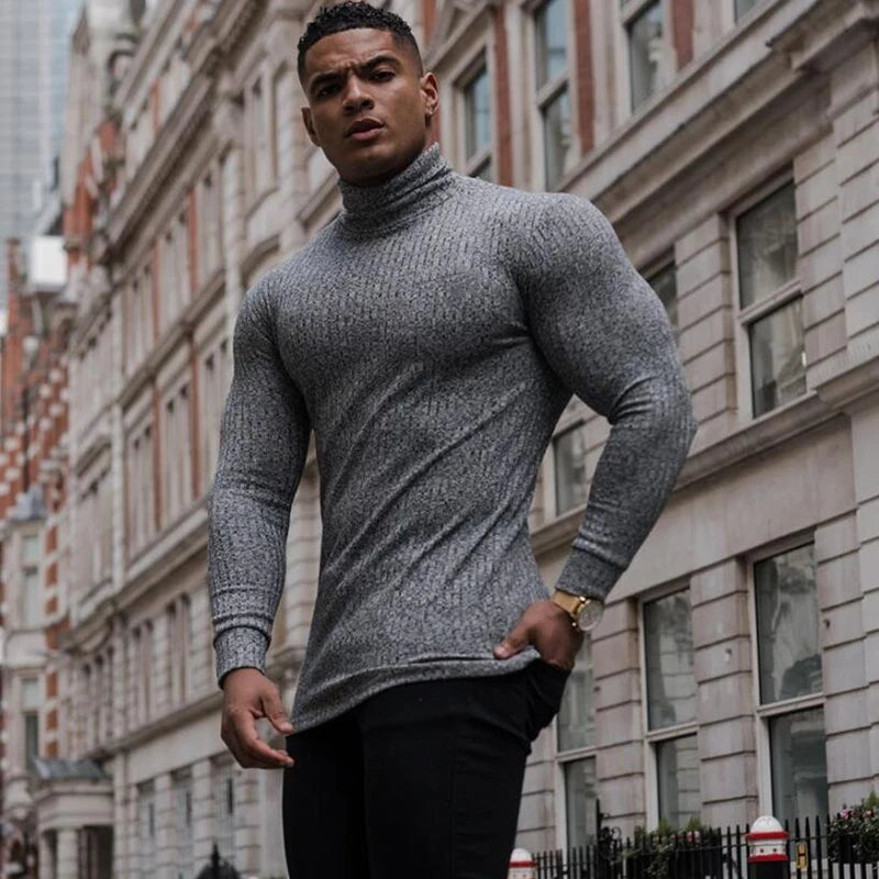 Herren Slim-Fit Rollkragenpullover Langarm Atmungsaktiv Schnelltrocknend Strickshirt für Fitness Bodybuilding