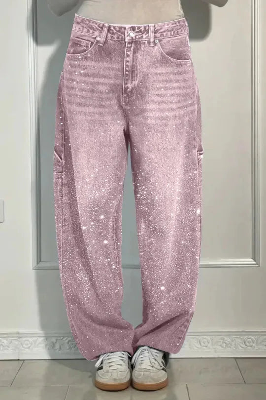Damen Wide-Leg-Jeans High Waist mit Hot-Diamond-Sterne-Design Modische Casual Jeans für vier Jahreszeiten
