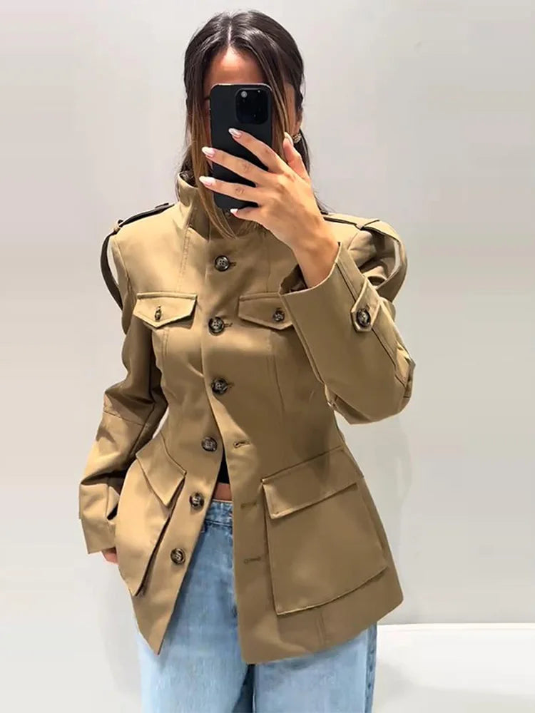 Damen Pilotenjacke Braun mit Reißverschluss Langarm Revers Loose Fit Street Style
