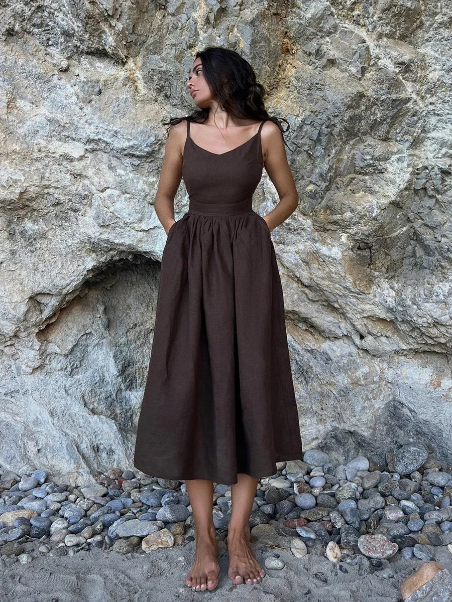 Damen A-Linien Sommerkleid mit V-Ausschnitt Trägern locker für Strand und Freizeit