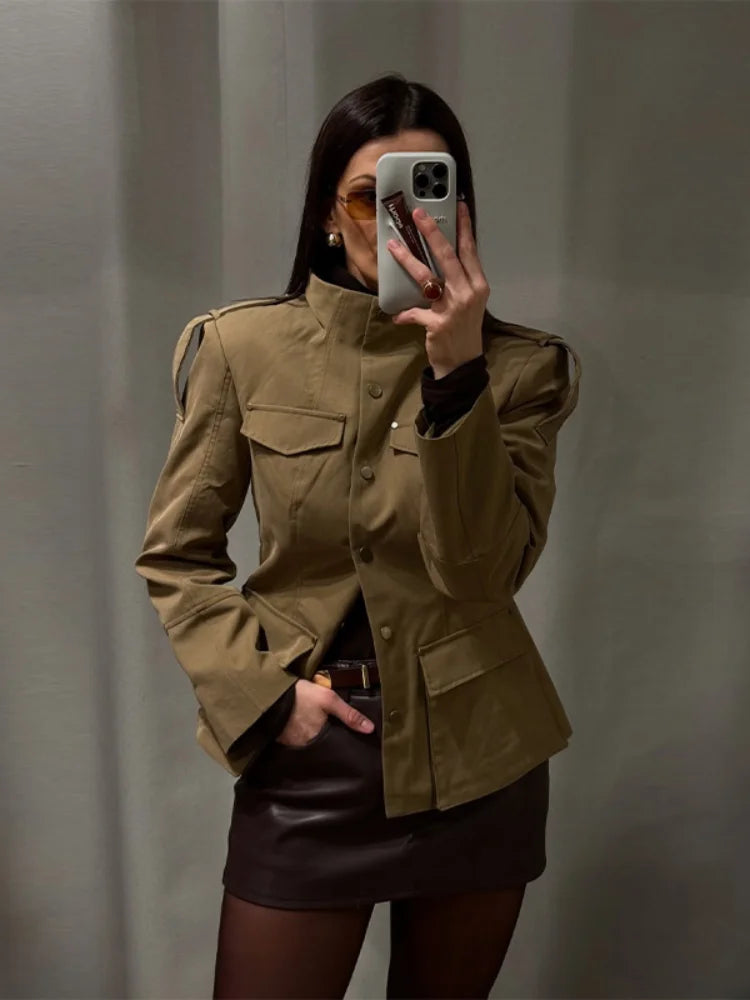 Damen Pilotenjacke Braun mit Reißverschluss Langarm Revers Loose Fit Street Style