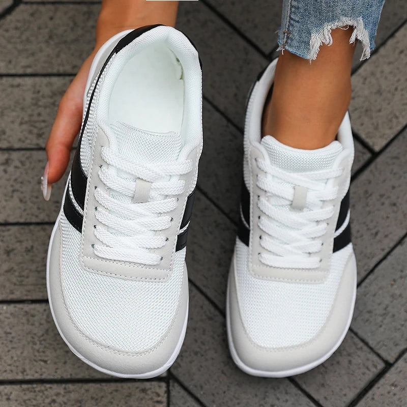 Damen Barfußschuhe Schwarz Breite Zehenbox Sneaker Flach Atmungsaktiv