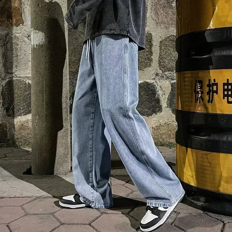 Herren Loose Jeans, koreanische Streetwear mit geradem Schnitt und weitem Bein in Schwarz oder Hellblau