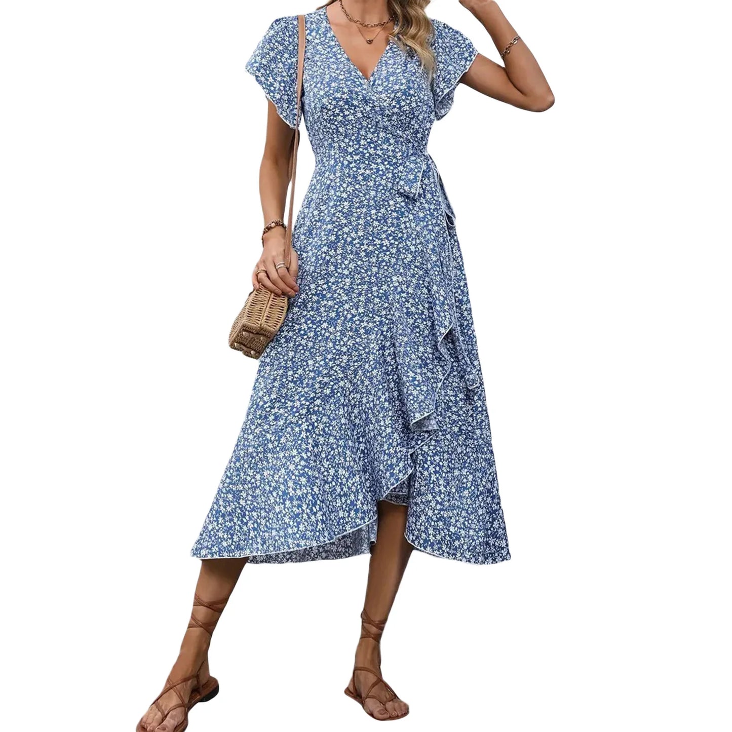 Damen Sommerkleid mit Blumenmuster Wickeloptik V-Ausschnitt kurzen Ärmeln Rüschen und seitlicher Bindung