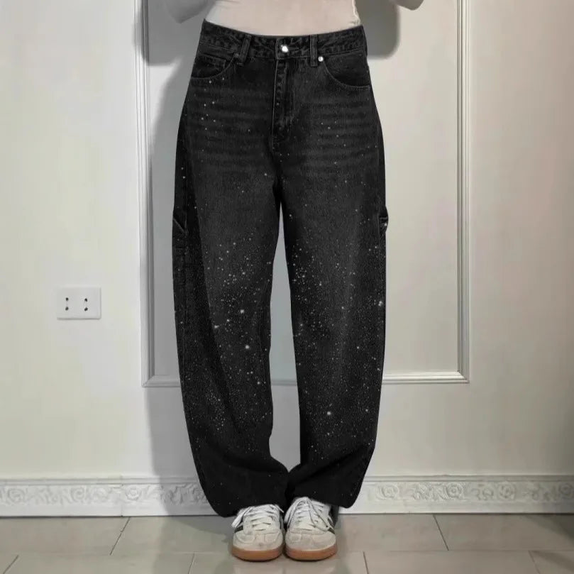 Damen Wide-Leg-Jeans High Waist mit Hot-Diamond-Sterne-Design Modische Casual Jeans für vier Jahreszeiten
