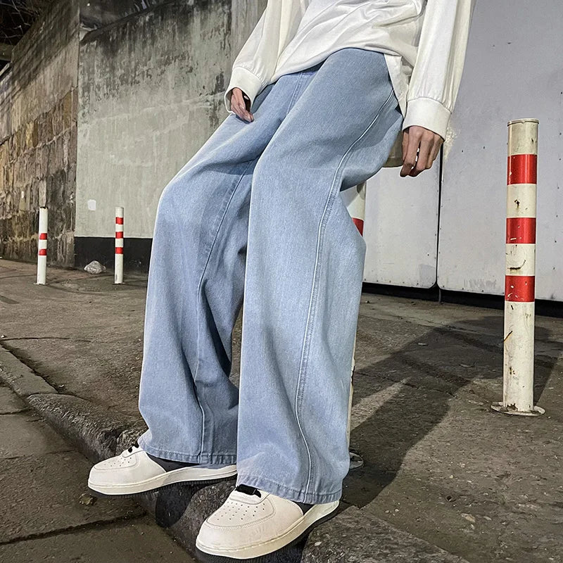 Herren Loose Jeans, koreanische Streetwear mit geradem Schnitt und weitem Bein in Schwarz oder Hellblau
