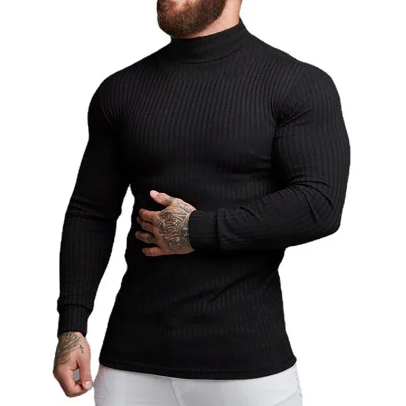 Herren Slim-Fit Rollkragenpullover Langarm Atmungsaktiv Schnelltrocknend Strickshirt für Fitness Bodybuilding