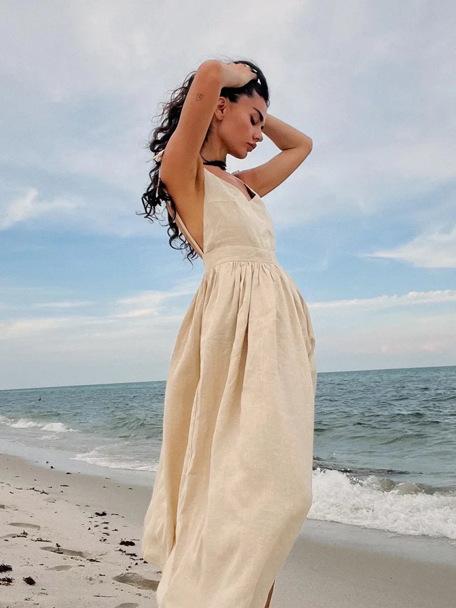 Damen A-Linien Sommerkleid mit V-Ausschnitt Trägern locker für Strand und Freizeit