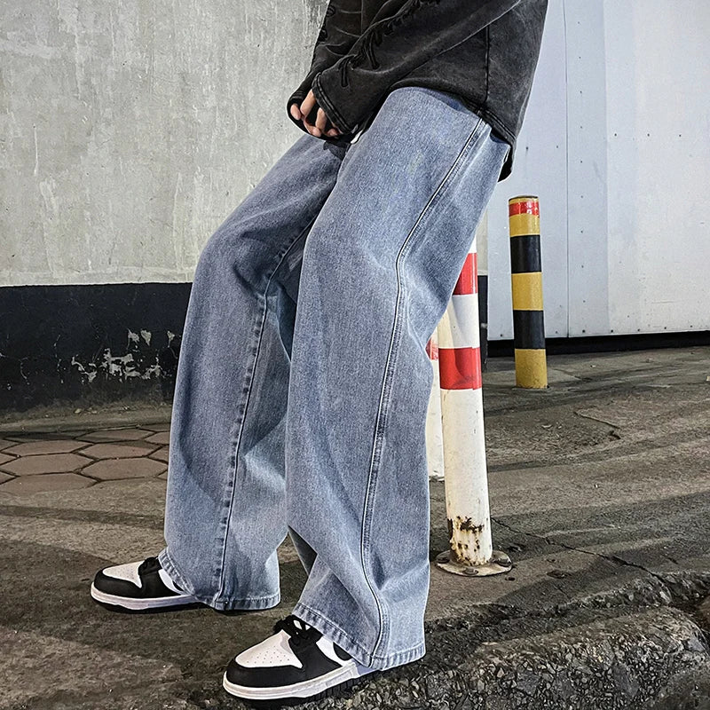 Herren Loose Jeans, koreanische Streetwear mit geradem Schnitt und weitem Bein in Schwarz oder Hellblau