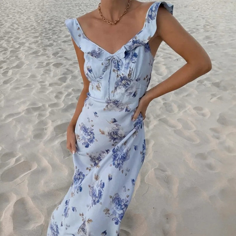 Damen Maxi Sommerkleid mit Blumenmuster rückenfrei für Urlaub und Strand