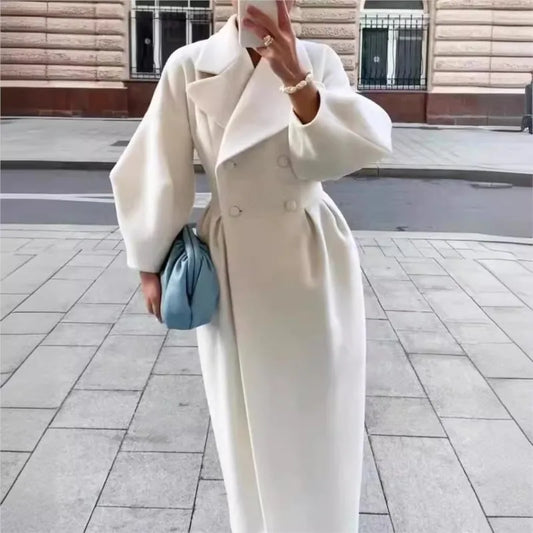 Damen Wollmix Mantel, langer eleganter Mantel mit Reverskragen, doppelter Knopfleiste und Taillierung