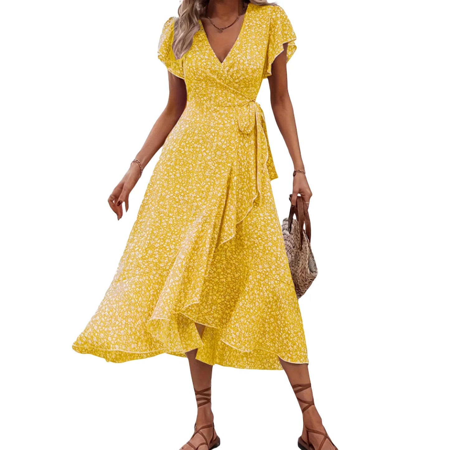 Damen Sommerkleid mit Blumenmuster Wickeloptik V-Ausschnitt kurzen Ärmeln Rüschen und seitlicher Bindung