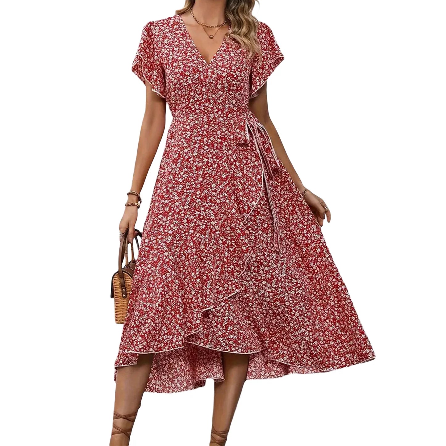 Damen Sommerkleid mit Blumenmuster Wickeloptik V-Ausschnitt kurzen Ärmeln Rüschen und seitlicher Bindung