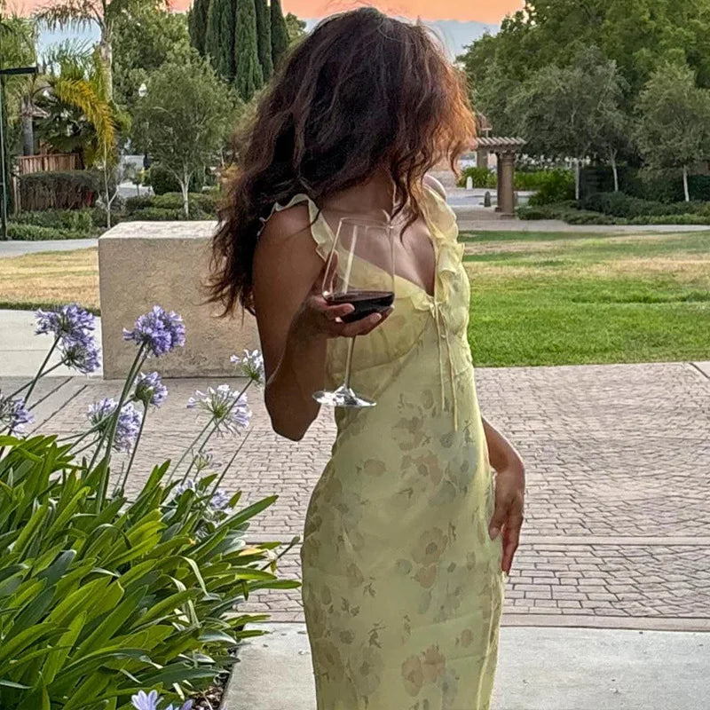 Damen Maxi Sommerkleid mit Blumenmuster rückenfrei für Urlaub und Strand
