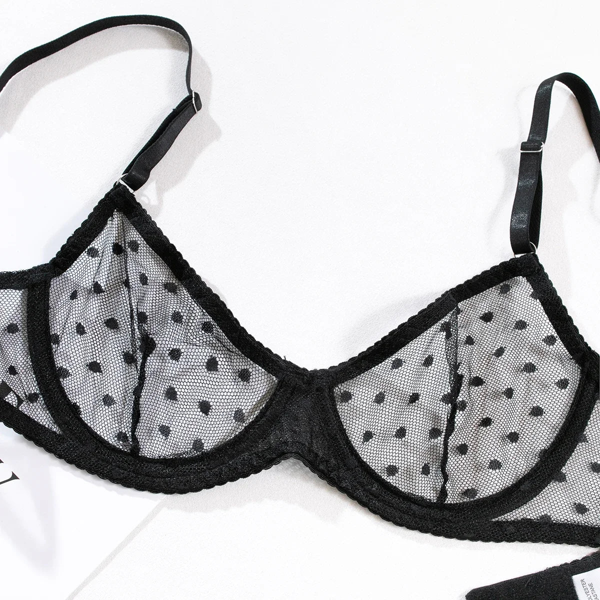 Damen Dessous Set Schwarz transparenter BH mit Slip Mesh gepunktet verstellbare Träger