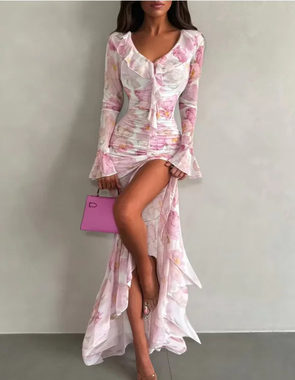 Damen Kleid mit Blumenmuster V-Ausschnitt Flatterärmeln Plisseefalten und betonter Taille