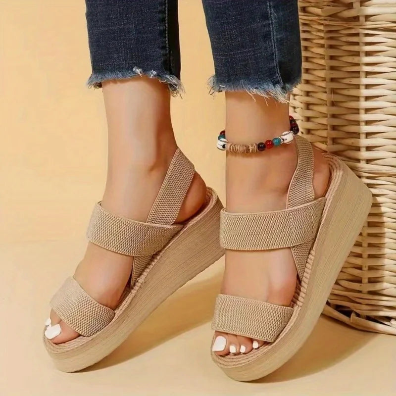 Damen Plateau-Sandalen mit Keilabsatz Open Toe und Knöchelriemen Einfarbige Casual Sommerschuhe