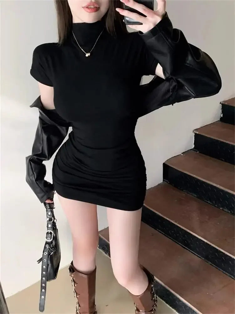 Damen Bodycon Minikleid mit halbhohem Kragen geraffter Taille figurbetont für Party und Abend