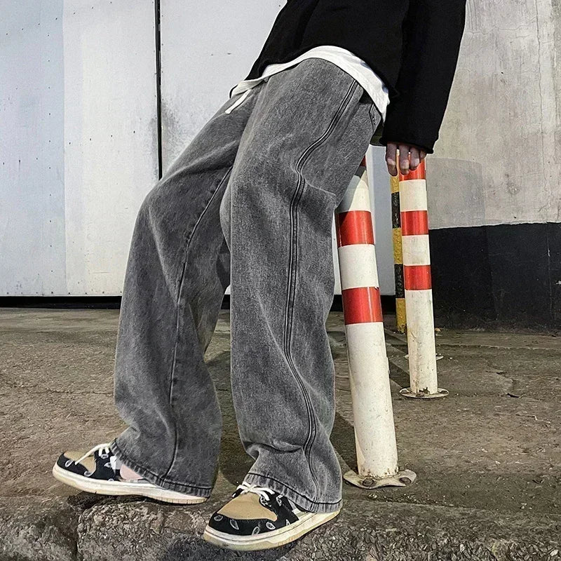Herren Loose Jeans, koreanische Streetwear mit geradem Schnitt und weitem Bein in Schwarz oder Hellblau
