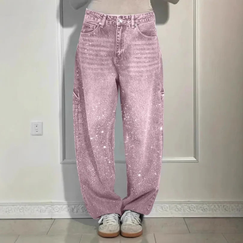 Damen Wide-Leg-Jeans High Waist mit Hot-Diamond-Sterne-Design Modische Casual Jeans für vier Jahreszeiten
