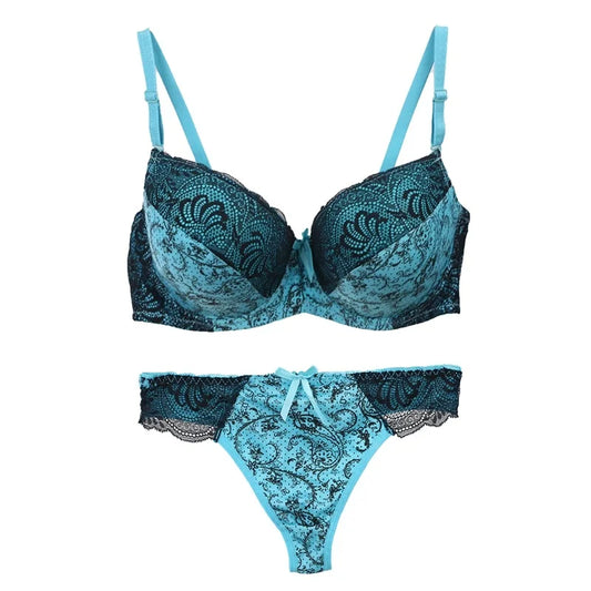 Damen Push-up Dessous Set Türkis Schwarz mit Spitze, verstellbaren Trägern und vorgeformten Cups