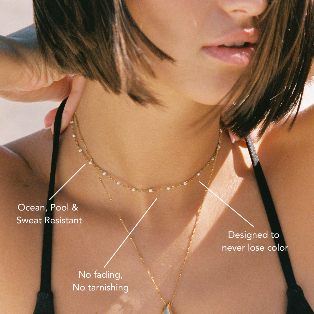 Damen Choker Halskette Weiß Gold Perlenoptik wasserfest hypoallergen