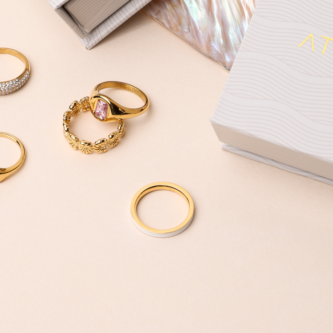 Damen Ring Weiß schmal wasserdicht hypoallergen 18k Gold PVD Emaille