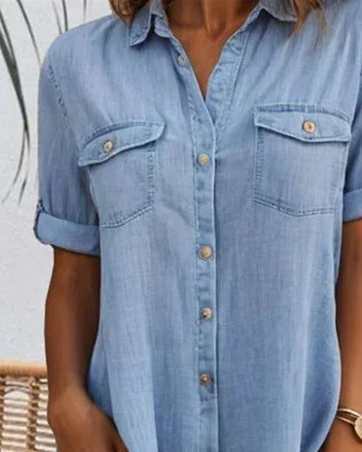 Sveta Kurzärmeliges Denim-Kleid mit Knopfleiste