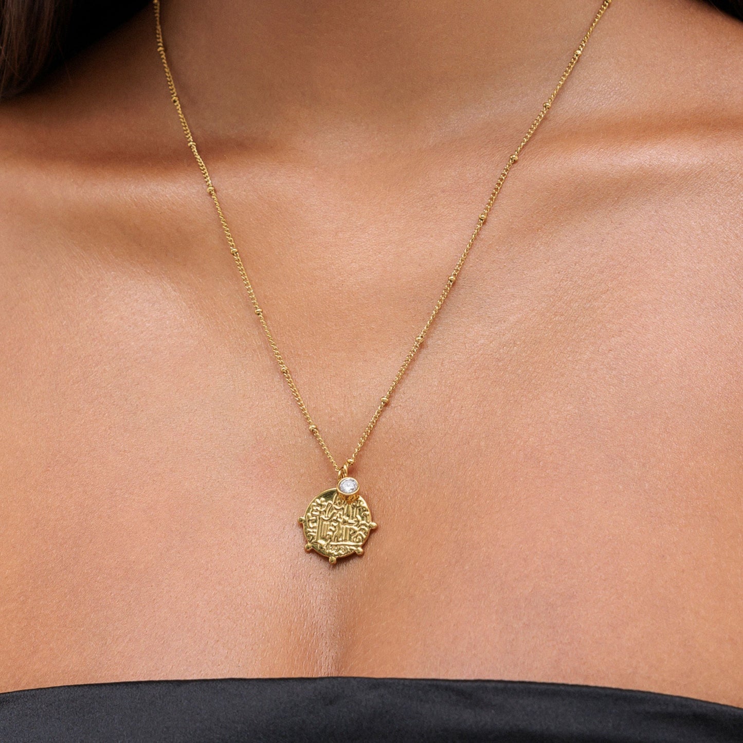 Damen Medaillon Halskette Gold mit griechischem Anhänger und Zirkonia wasserfest