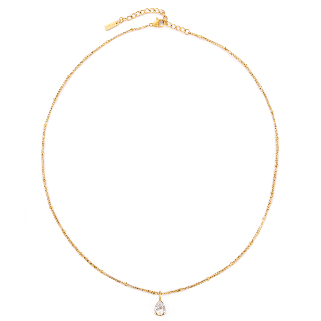Damen Halskette Gold Tropfen Anhänger Weißer Stein wasserdicht hypoallergen