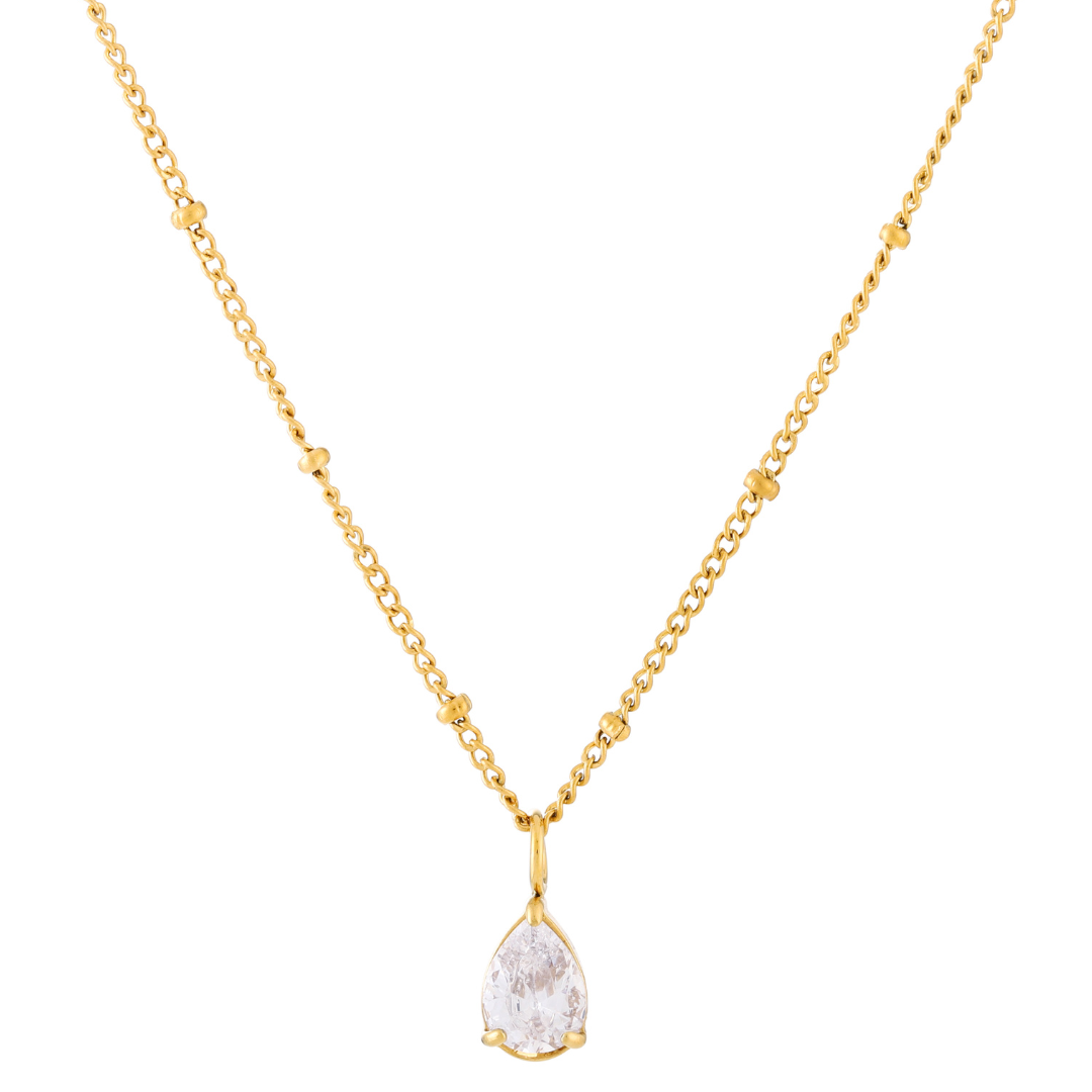 Damen Halskette Gold Tropfen Anhänger Weißer Stein wasserdicht hypoallergen