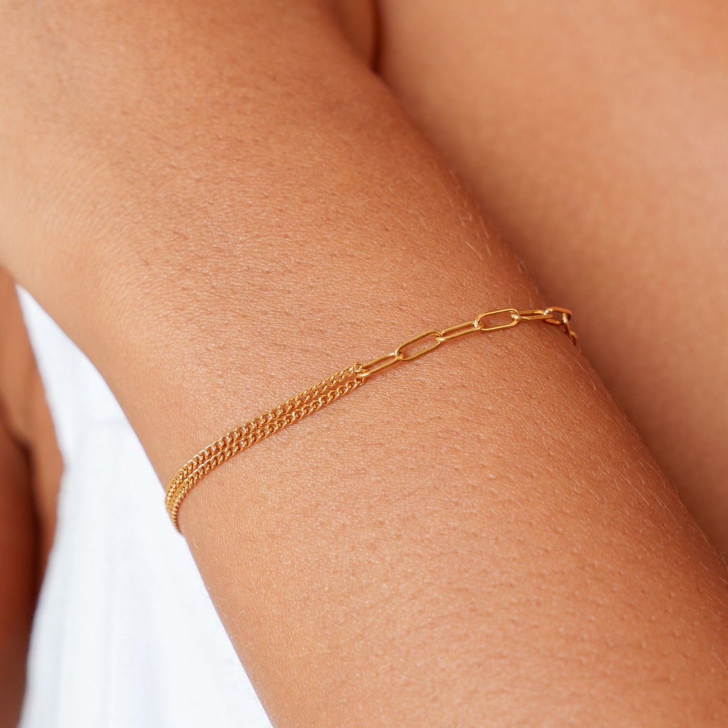 Damen Armband Gold Mixed Chain Paperclip Gliederarmband verstellbar wasserfest hypoallergen