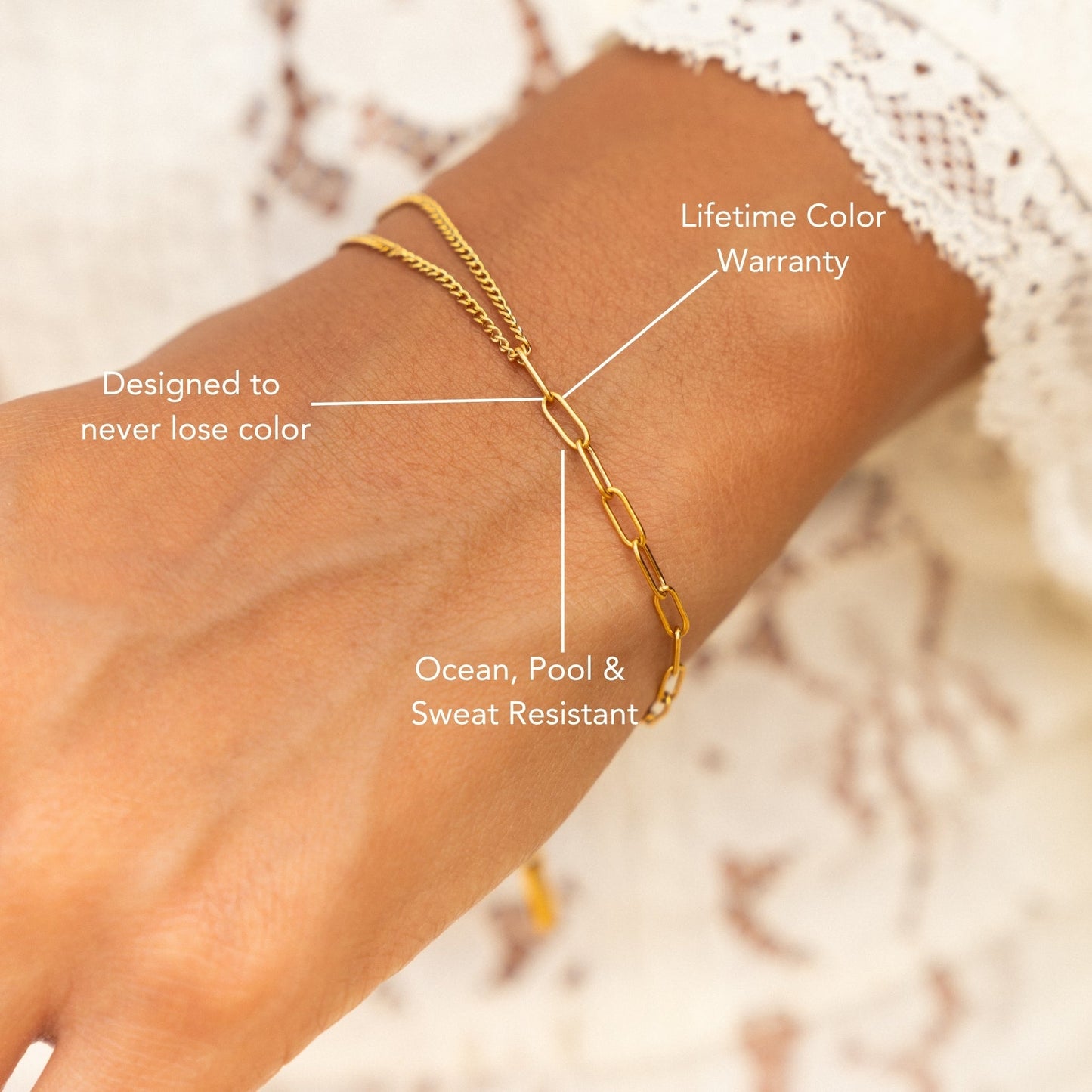 Damen Armband Gold Mixed Chain Paperclip Gliederarmband verstellbar wasserfest hypoallergen