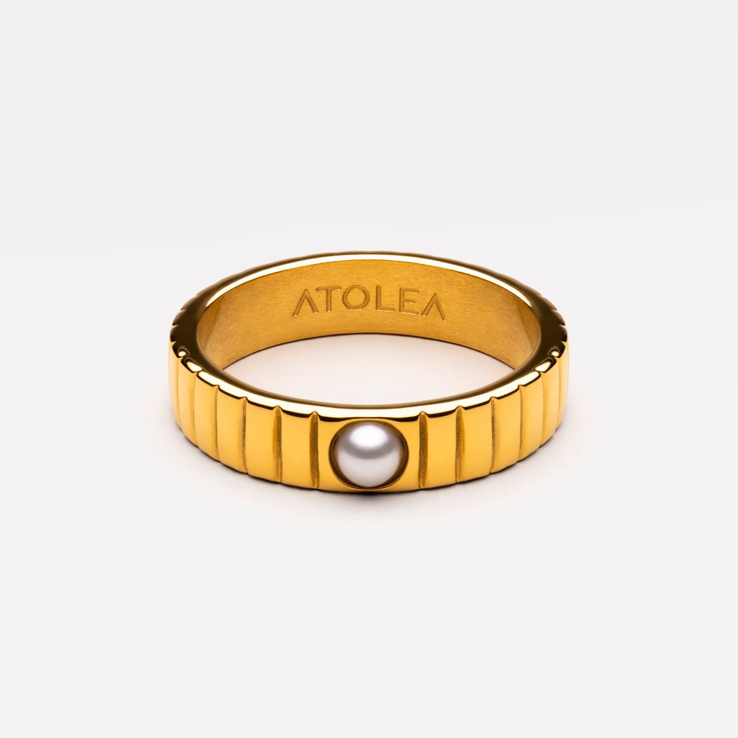 Damen Ring Gold mit Muschelperle, gerilltes Design, wasserfest, hypoallergen