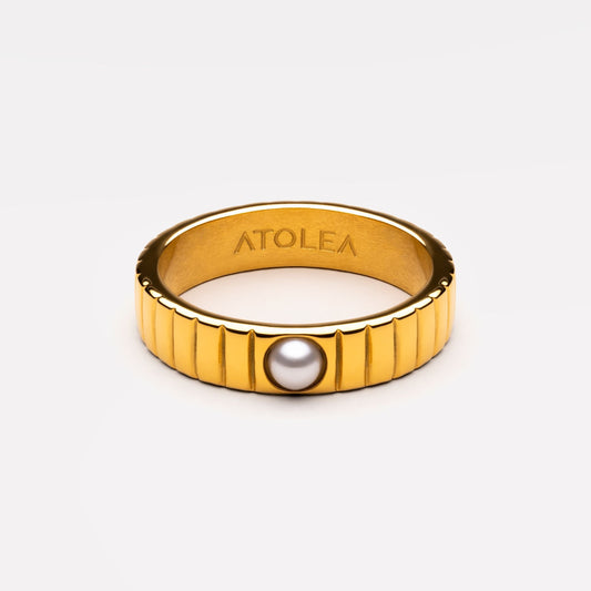 Damen Ring Gold mit Muschelperle, gerilltes Design, wasserfest, hypoallergen